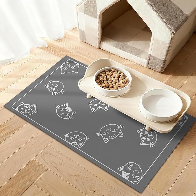 Cute Grey Cat Food Mat, Stain-Resistant Dog Cat Feeding Mat, Non-Slip Super Absorbent Pet Food Pad, Pet Bowl Mat for Food & Water Bowls, Cartoon Pattern Design, 12 x 20 Inch