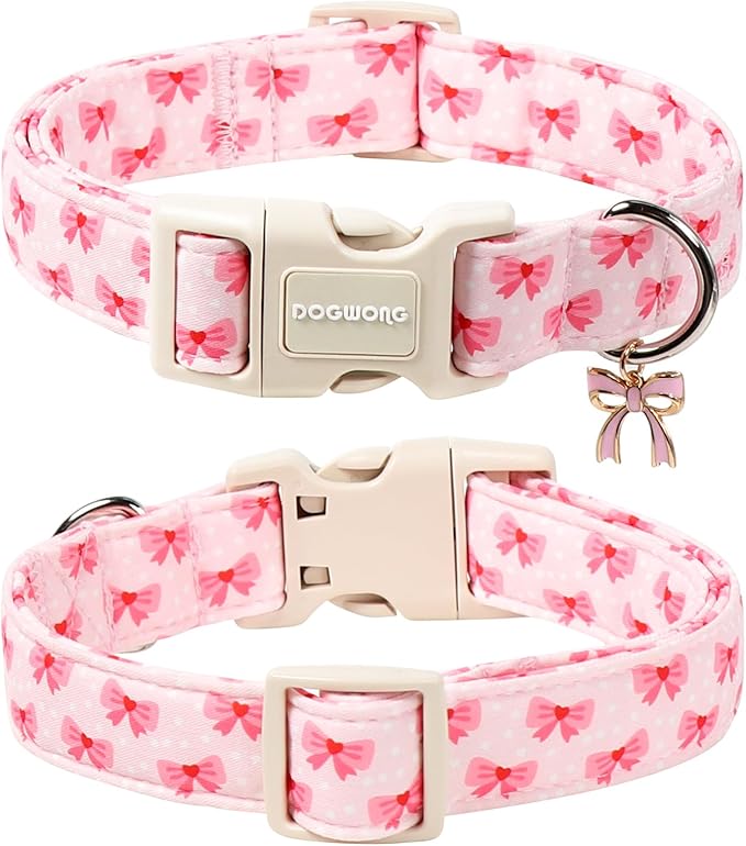 DOGWONG Cute Bowtie Printed Collar for Small Medium Large Dogs - Pink Dog Collar for Girl Female Dogs,L