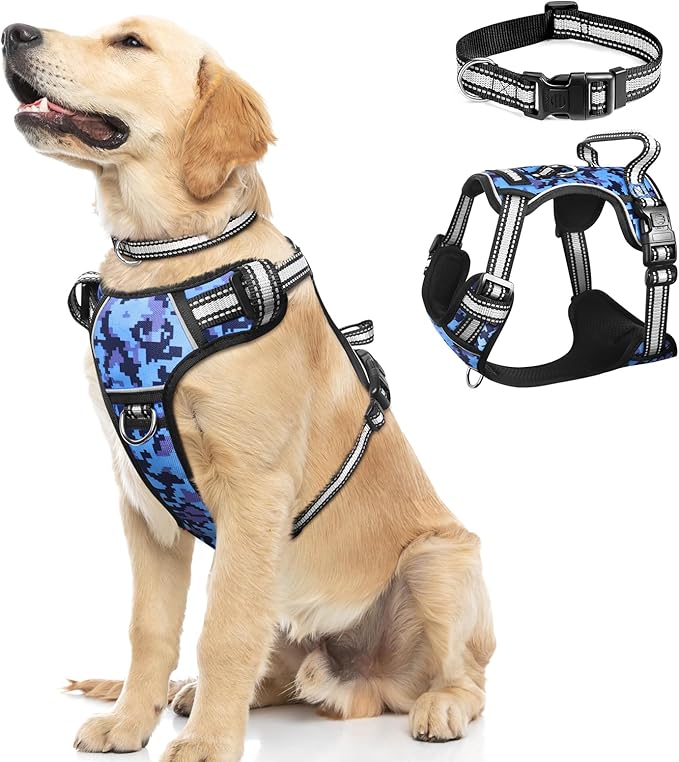 WINSEE Dog Harness No Pull, Pet Harnesses with Dog Collar, Adjustable Reflective Oxford Outdoor Vest, Front/Back Leash Clips for Small, Medium, Large, Extra Large Dogs, Easy Control Handle for Walking