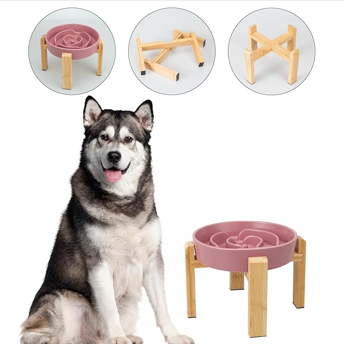 Elevated Slow Feeder Dog Bowl - Ceramic Food Dish with Bamboo Stand - Raised Maze Design - Ideal for Medium to Large Dogs - Pink - 8.8 inch