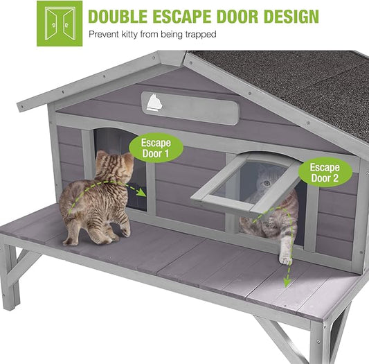 GUTINNEEN Large Outdoor Cat House Weatherproof with Escape Doors, Thicker Insulated Solid Wood, Large Porch, Spacious Feral Cat Shelter Perfect for Multi-Cat Families