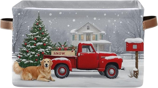 Christmas Tree Red Truck Storage Basket Fabric Laundry Baskets Winter Snowman Snowflake Golden Retriever Dog Storage Boxes Organizer Bag for Cloth Toy Book Storage Cubes Shelf Closet Bins 16×12×8