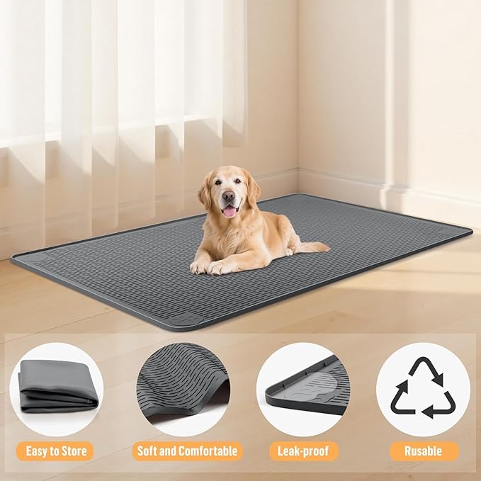 Silicone Dog Bed Mat, 57"x 40" Crate Mat for Dog Cages, Kennel Mat with Raised Edge, Washable, Waterproof, Leakproof, Protect Floors (Dark Grey)
