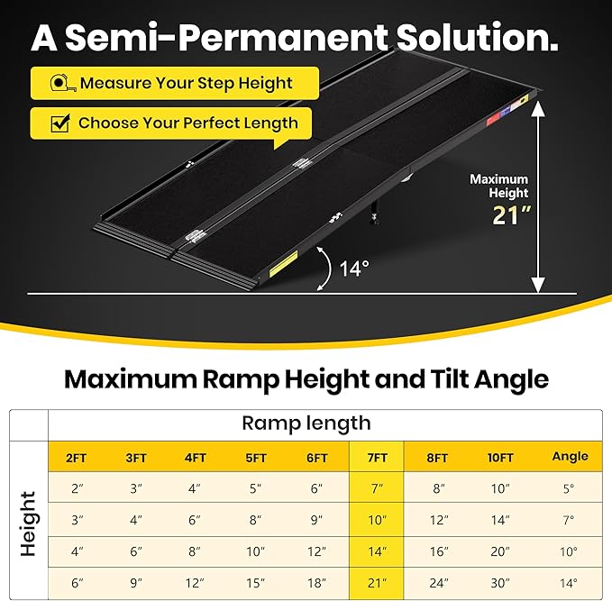 7 Feet Portable Wheelchair Ramp with Sopport Legsk, Black Seamless Non-Slip Aluminum Folding Handicap Ramp,Threshold Ramp for Doorways, Wheel Chair Ramp for Home Steps