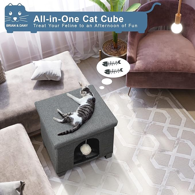 BRIAN & DANY Foldable Cat House, Cat Cave, Cat Cube with Scratch Board & Ball, 37.5 x 32.5 x 36 cm, Gray