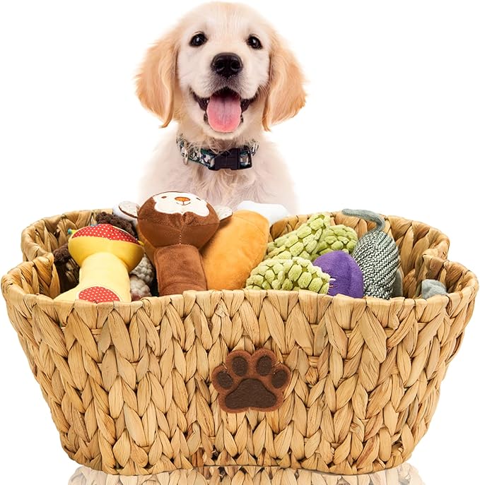 FairyHaus Wicker Dog Toy Basket Organizer, Large Bone Shape Bin with Dog Paw Decor, Natural Water Hyacinth Box for Pet Chew Toys, Blankets, Treats
