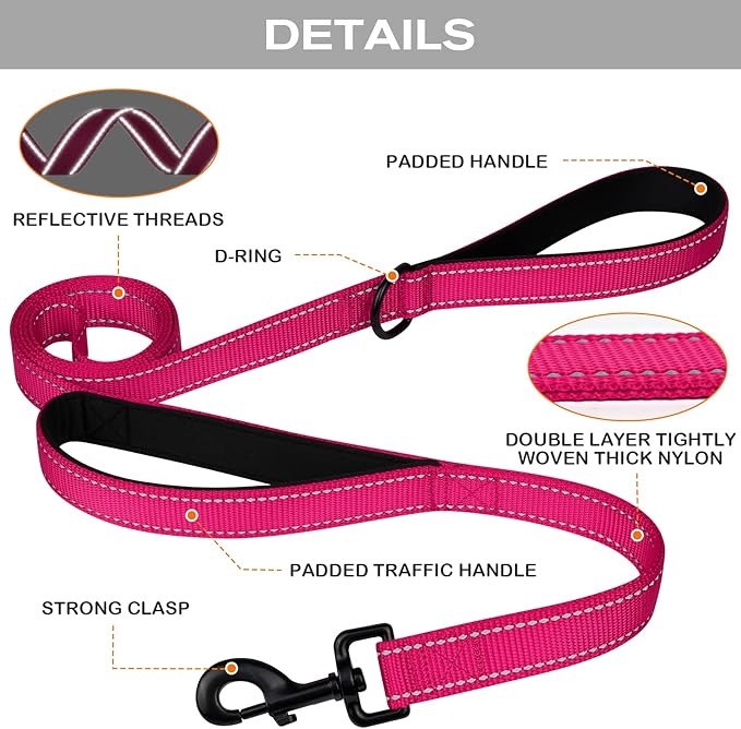 Joytale Dog Leash Heavy Duty for Large Dogs That Pull, Double Handle for Traffic Control, Double-Sided Reflective Leashes for Large Medium Dogs Night Safety, 5FT, Hot Pink