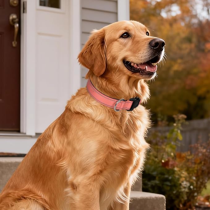 Reflective Dog Collar for Large Dogs, Wide Nylon Adjustable Collar with Soft Padding, Durable Buckle for Pitbull Labrador Retriever,Neon Pink,L