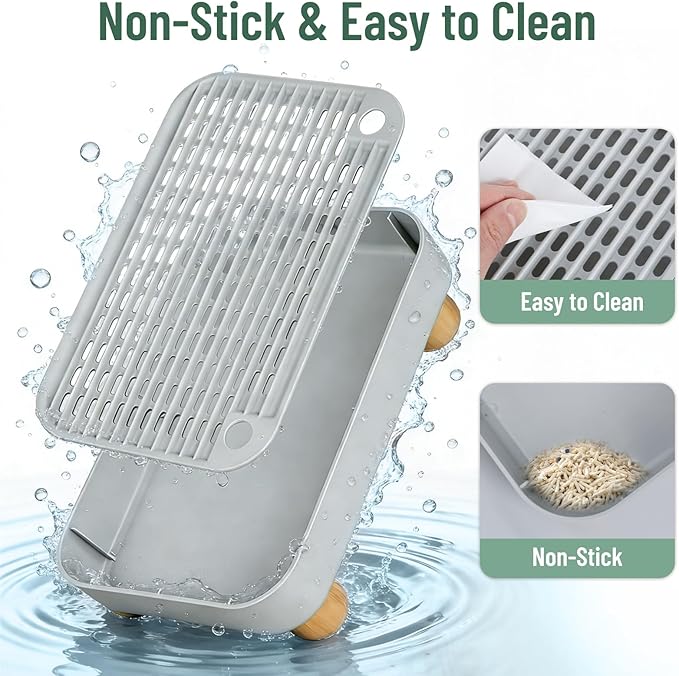 Litter Box Ramp, Cat Litter Catcher Mat with Wooden Feet, Filter Function, Litter Box Step for Small & Elderly Cats, Fits Automatic Litter Boxes (Light Grey)