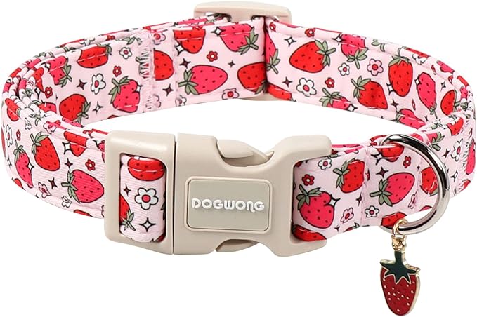 DOGWONG Strawberry Dog Collar, Cute Pink Strawberry Pet Collars with Quick Release Buckle for Puppy Small Medium Large Boy Girl Dogs-S
