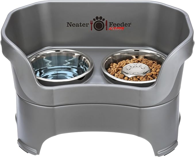 Neater Feeder Deluxe Mess Proof Dog Bowls Elevated for Large Breeds – Made in USA – No Spill Raised Slow Feeder Elevated Dog Bowl Stand, Stainless Steel Food and Water Bowl Set, Grey