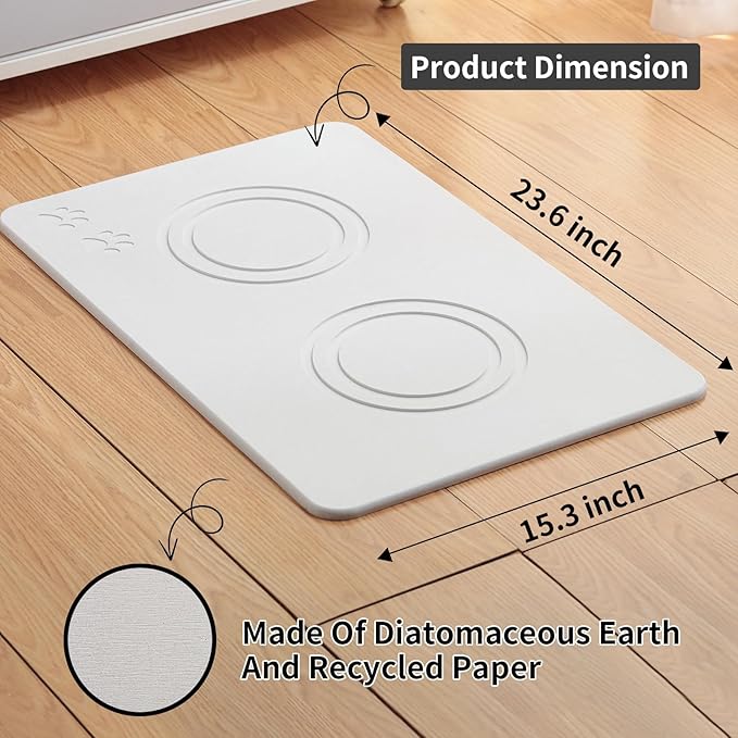 Home Dog Cat Bowl Stone Mat–Natural Diatomite Stone Pet Bowls Mat, Pet Feeding Mat, Modern and Stylish Pet Feeding Station–Non-Slip, Quick Drying Mat,Dog Food Water Bowls Mat Grey White