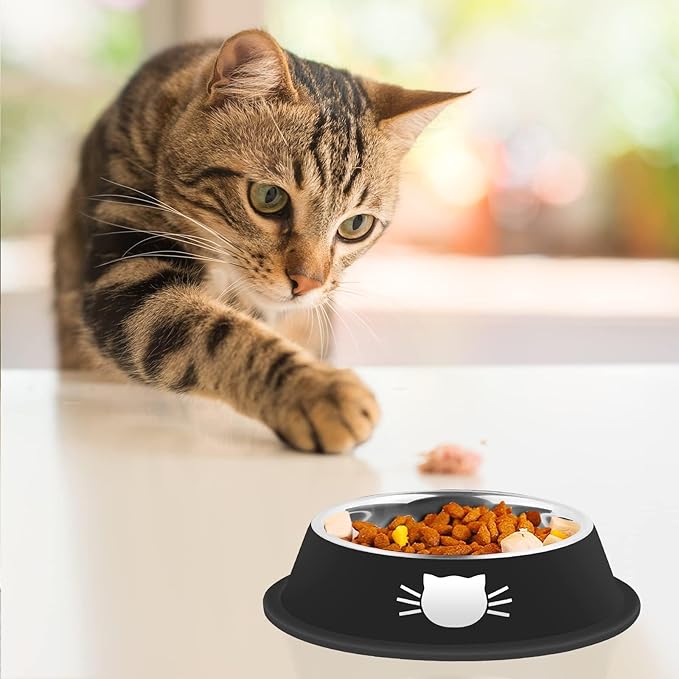 2 Pcs Non-Slip Stainless Steel Small Cat Food Bowls - Unbreakable, Thicken 7 Oz Cat Dishes - Indoor, Removable Rubber Base, Easily Clean, Lovely Color