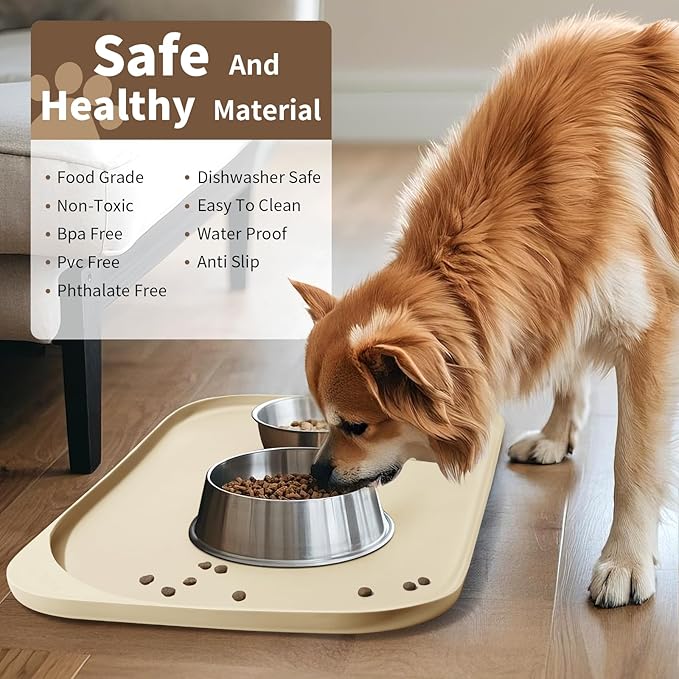 Silicone Pet Food Mat with Raised Edge for Food and Water Bowl, Dog Feeding Mats, Cat Food Trays for Floor Waterproof, Rubber Tray for Dogs and Cats, 17 x 12 x 0.7 Sand White (Yellow Cast)