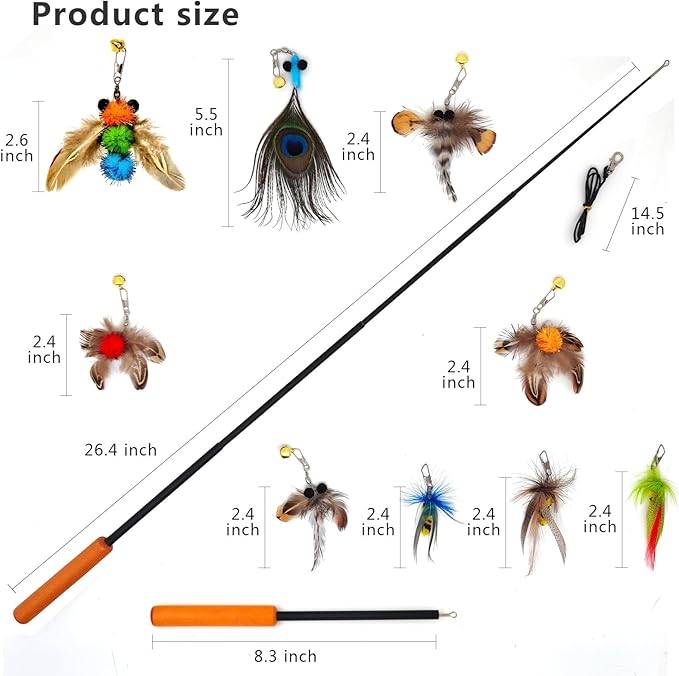 Interactive Cat Toys - 10 PCS Cat Retractable Wand Toy and Feather Toys Refills, Enrichment Toys for Indoor Cats,Kitty Toys on a Stick,Kitten Toy Small Feather Insects
