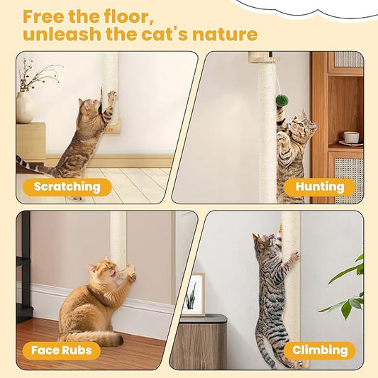 Wall-Mounted Cat Scratching Post with Hanging Ball, Cat Climbing Perch with Sisal & Plush, Space-Saving Cat Tree for Indoor Cats Adult