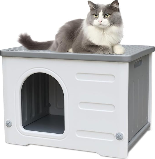 Plastic Cat House Outdoor & Indoor, Feral Cat Houses Waterproof Outdoor Cat House for Feral Cats, Outside Cat Shelter for Small Pet, Assemble and Clean Easily-Grey