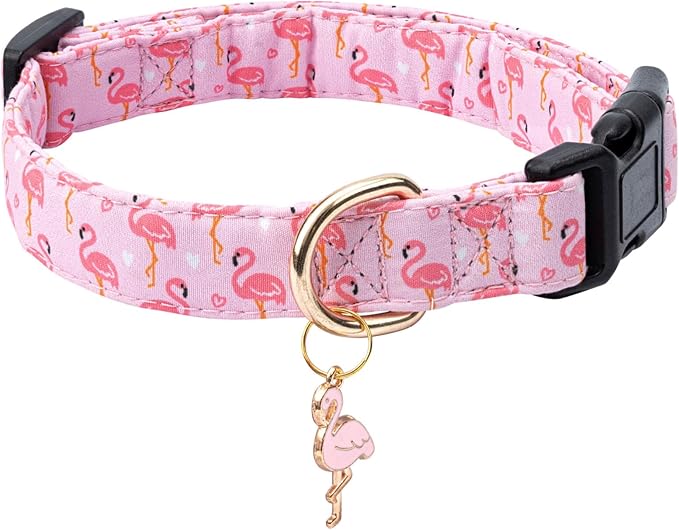 Cotton Dog Collar,Adjustable Cute Puppy Collar with Moon Patterned Design for Small Medium Large Dogs,Soft and Fancy Pet Collar with Safety Buckle for Girl Boy Dogs (Pink Flamingo, L)