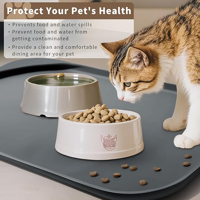 Silicone Pet Food Mat with Raised Edge for Food and Water Bowl, Dog Feeding Mats, Cat Food Trays for Floor Waterproof, Rubber Tray for Dogs and Cats, 24 x 16 x 0.8 Dark Gray
