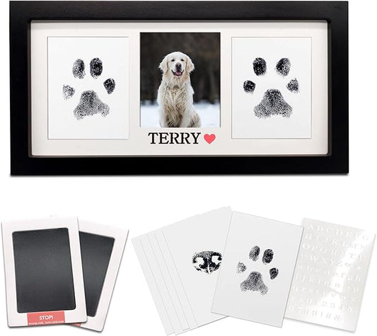 MYPAWLETS Paw Print Frame & Ink Pads Kit,Dog or Cat Paw Print Kit,2 No Mess Ink Pads for Pets,Paw Print Stamp Pad for Dogs,Wooden Pet Memorial Frame,Personalized Pet Paw Print Gifts