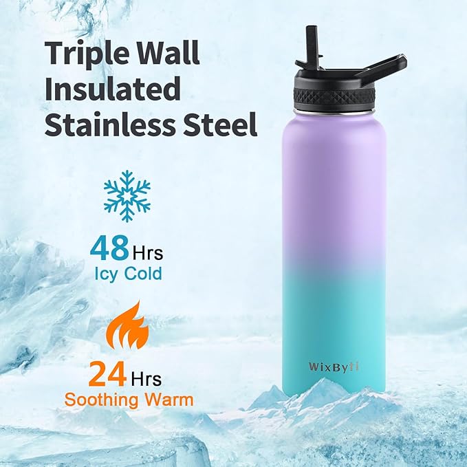 40 oz Insulated Water Bottle with Straw (Cold for 48 Hrs), Stainless Steel Triple Wall Vacuum Sports Water Jug, Leakproof Hydro Cup Flask with Paracord Handle & Straw Spout Lids & DIY Stickers