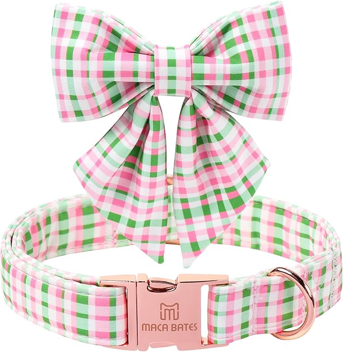 Maca Bates St. Patrick's Day Irish Plaid Dog Collar with Sailor Bow Tie,Cherry Pink Green Gingham Pattern for Small Girl Boy Dogs,Adjustable Durable Soft Collars Gift for Male Female Puppy