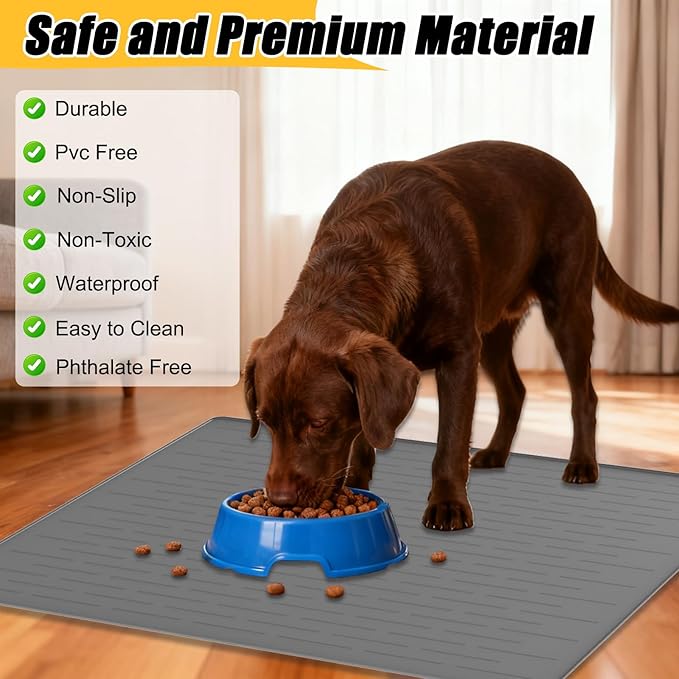 1.5MM Super Thick Dog Food Mat, 40"x30" Silicone Dog and Cat Mats for Food and Water Bowls, Waterproof Pet Feeding Mat for Contain Spills Protects Floors, Multiple Colors & Sizes for Pets, Light Gray