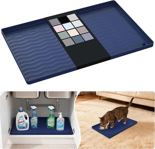 URMONA Waterproof Silicone Under Sink Mat 16'' x 10'' Shelf Liner for Kitchen and Bathroom, Cabinet and Counter Protector, Storage and Organizers, Litter Mat, Pet Cat Puppy Essentials(Navy)