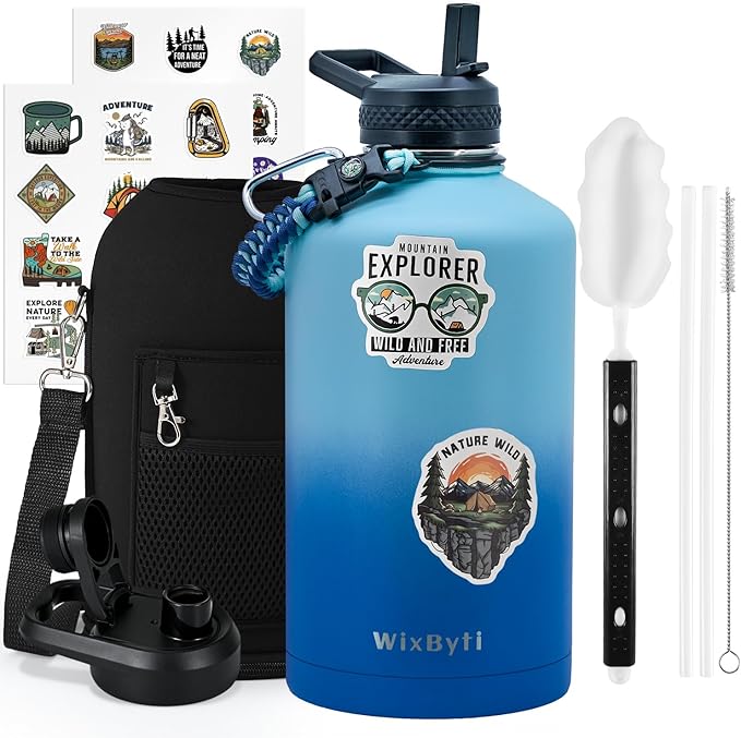 One Gallon Water Bottle Insulated, Triple Wall Vacuum Cold for 48 Hrs & Leak-proof & Non-BPA, 128oz Large Sports Stainless Steel Water Jug with Paracord Handle Straw Spout Lids & DIY Stickers