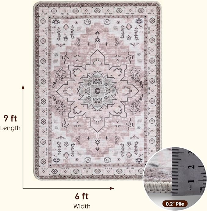 LBRO2M Boho Area Rug 6X9 Washable Rugs for Bedroom Low Piles Indoor Carpet, Non Slip Soft Rug for Living Room, Dining Room, Pink Rug Foldable Pet Friendly Area Rugs Stain Resistant (6'X9' Pink)