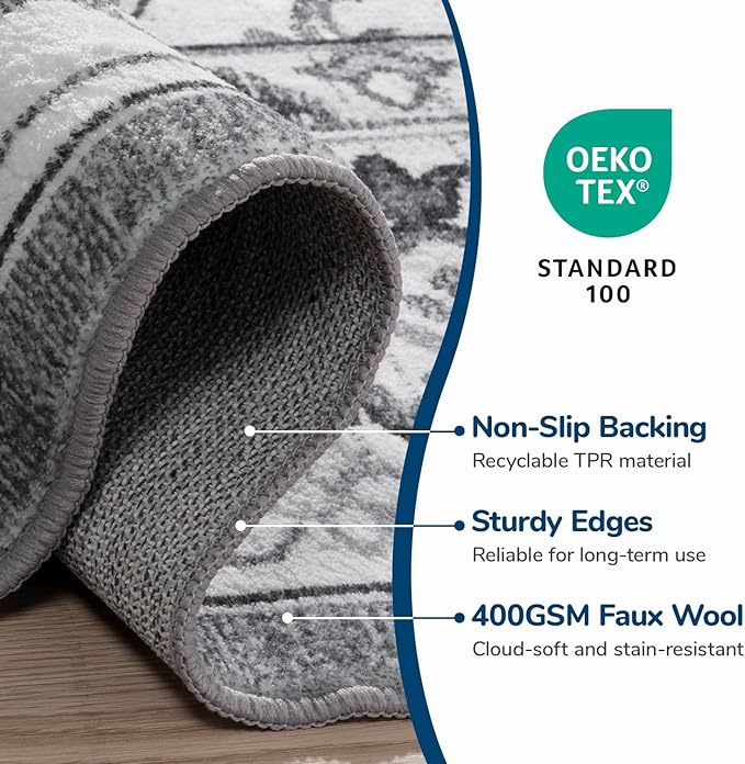 Lessymo Area Rugs 9x12 Living Room- Large Area Rug Machine Washable Area Rug for Bedroom Living Room, Vintage Rugs Boho Floral Medallion, Non-Slip Rubber, Low Pile, Kid & Pet Friendly, Grey White