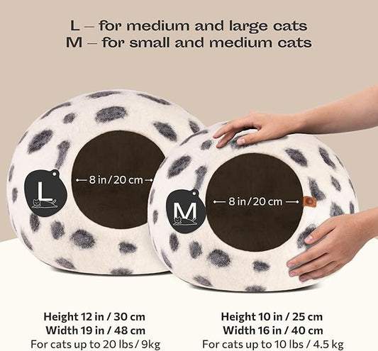 MEOWFIA Cat Cave – Premium Felt Cat Bed for Indoor Cats, Handmade Merino Wool (Snow Leopard, Medium)