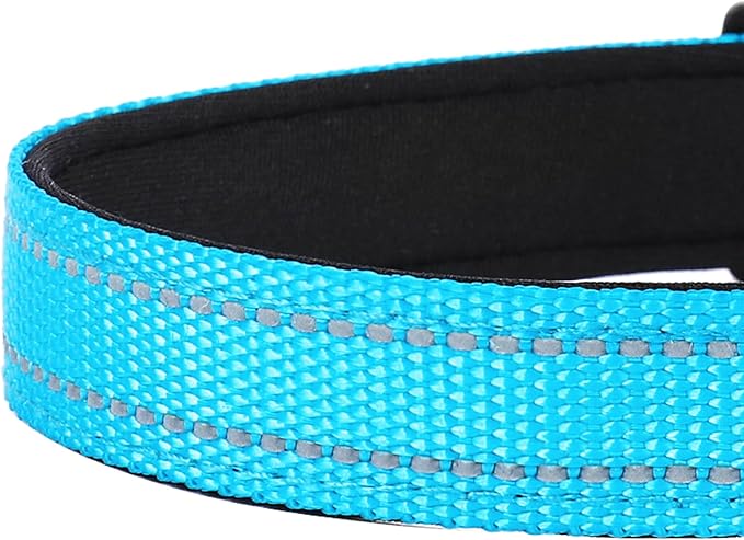 Reflective Dog Collar, Adjustable Soft Neoprene Padded Nylon Pet Collars with Buckle for Medium Dogs, Sky Blue,M