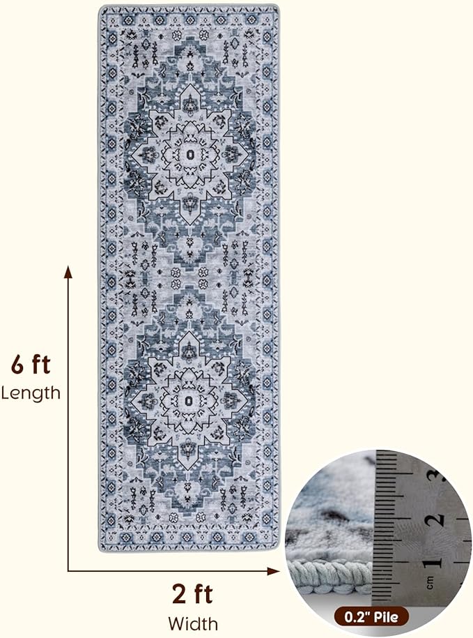 LBRO2M Boho Runner Rug 2X6 Hallway Rug Non Slip Washable Runners for Hallways, Bedroom, Kitchen Laundry Room Pet Friendly Area Rugs (2X6, Blue)