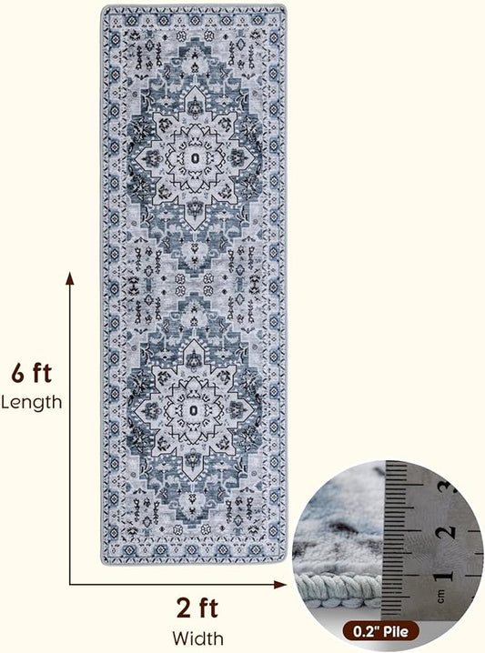 LBRO2M Boho Runner Rug 2X6 Hallway Rug Non Slip Washable Runners for Hallways, Bedroom, Kitchen Laundry Room Pet Friendly Area Rugs (2X6, Blue)