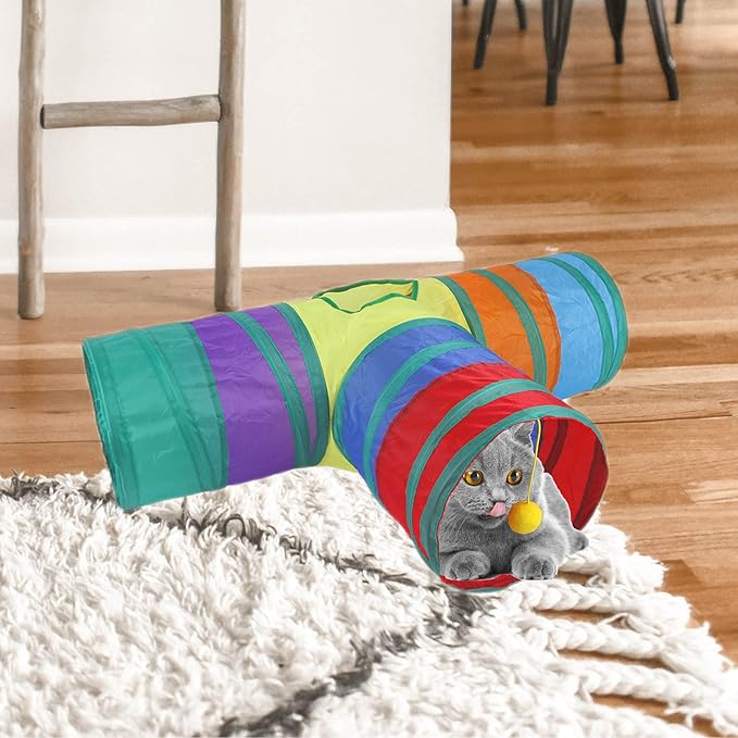 Cat Tube and Cube - Cat Tunnel Popup Kitten Indoor Outdoor Toys - Collapsible 3 Way/1 Way - Blue