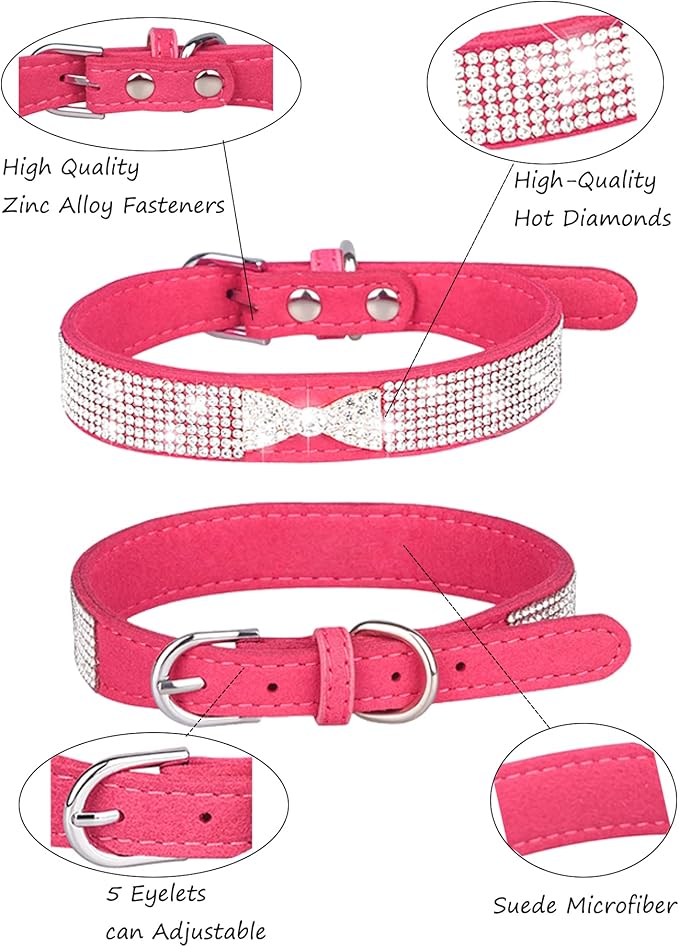 Dog Collar for Small Dogs, Adjustable Leather Suede Bling Dog Collars，Pink Dog Collar Cat Collar, Rhinestone Dog Collar (L, Rose red4)
