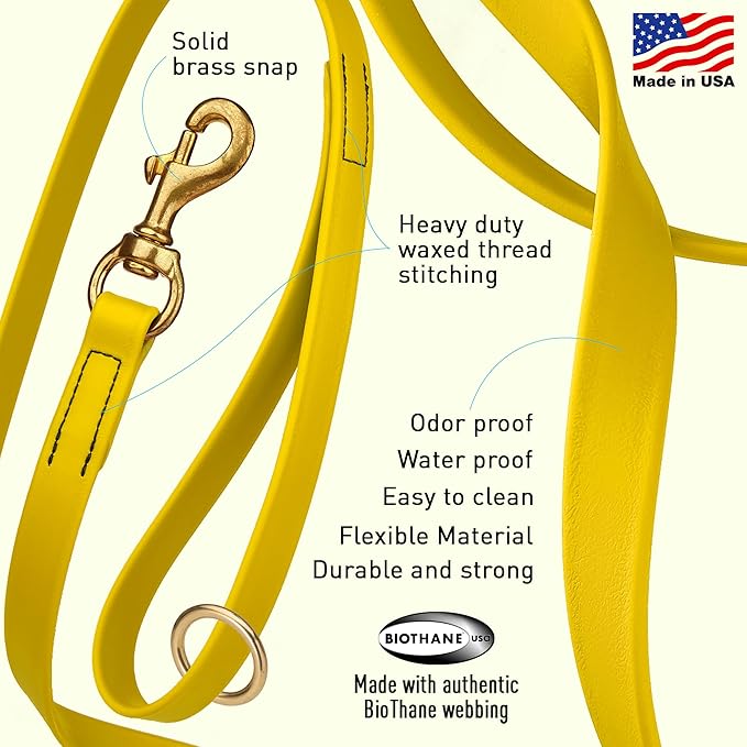Viper Biothane K9 Working Dog Leash Waterproof Lead for Tracking Training Schutzhund Odor-Proof Long Line with Solid Brass Snap for Puppy Medium and Large Dogs 4ft, Lemon Yellow