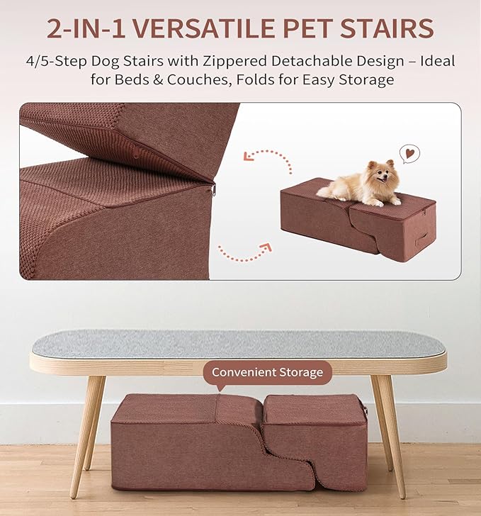 Made4Pets Dog Stairs Ramp for High Bed 22.8" H, 5-Step Pet Stairs for Bed Couch Sofa Climbing, 35D Foam Pet Steps for Small Dogs and Cats, Non-Slip Bottom Dog Steps, Brown