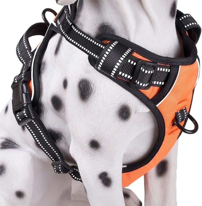 PoyPet No Pull Dog Harness, Reflective Comfortable Vest Harness with Front & Back 2 Leash Attachments and Easy Control Handle Adjustable Soft Padded Pet Vest for Small to Large Dogs (Orange,L)