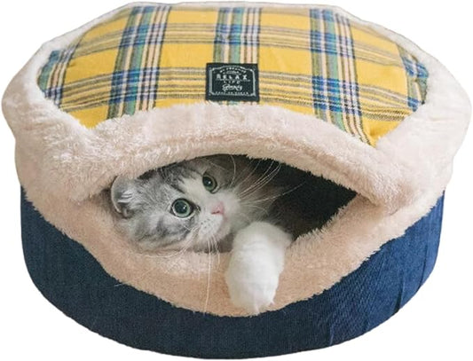 Cat Bed Cave – Enclosed Self Warming Hideaway with Detachable Lid & Mat, Covered House for Indoor Kitten & Kitty (Yellow)