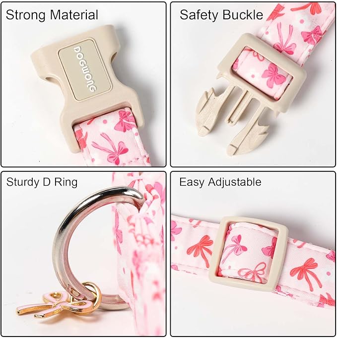 DOGWONG Pink Dog Collar, Cute Flower Girl Female Dog Collar Adjustable Soft Bowtie Print Pet Dog Collar for Large Dogs,L