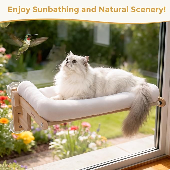 Pecute Foldable Cat Window Perch, Cloud-Soft Cat Bed with Solid Wood Frame, Strong Suction Cup, Washable Cushion, Stable Large Cats Hammock with Sided Bolster, Cats Perch Indoor for Sunbathing, White