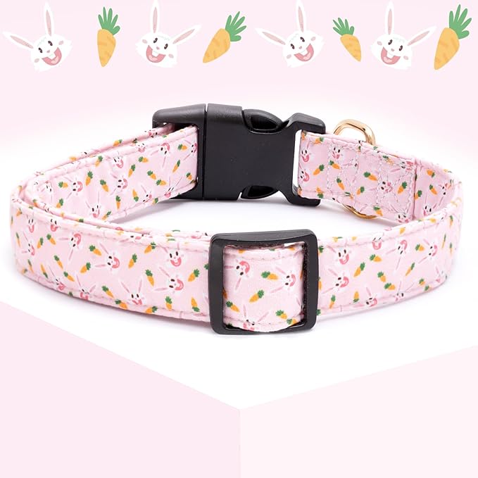 Faygarsle Cute Easter Collar for Small Medium Large Dogs Girl Boy Female Male Dog Pink Cotton with Adorable Rabbit Print Easter Puppy Collar with Easter Egg Charm S