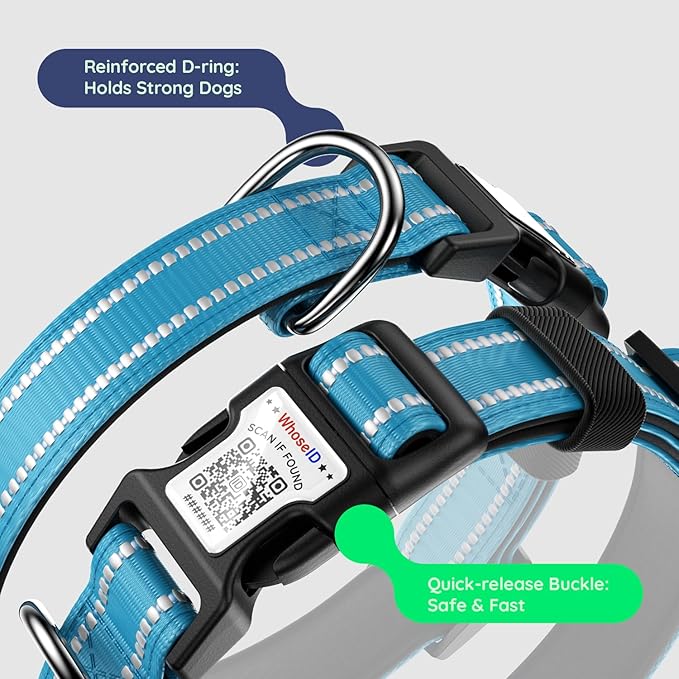 Airtag Dog Collar, Reflective Ultra-Durable Nylon Padded with QR Code Buckle & IP68 Waterproof Air Tag Holder Compatible for Apple AirTag, Comfortable for Small Medium Large Dogs(Blue,L)