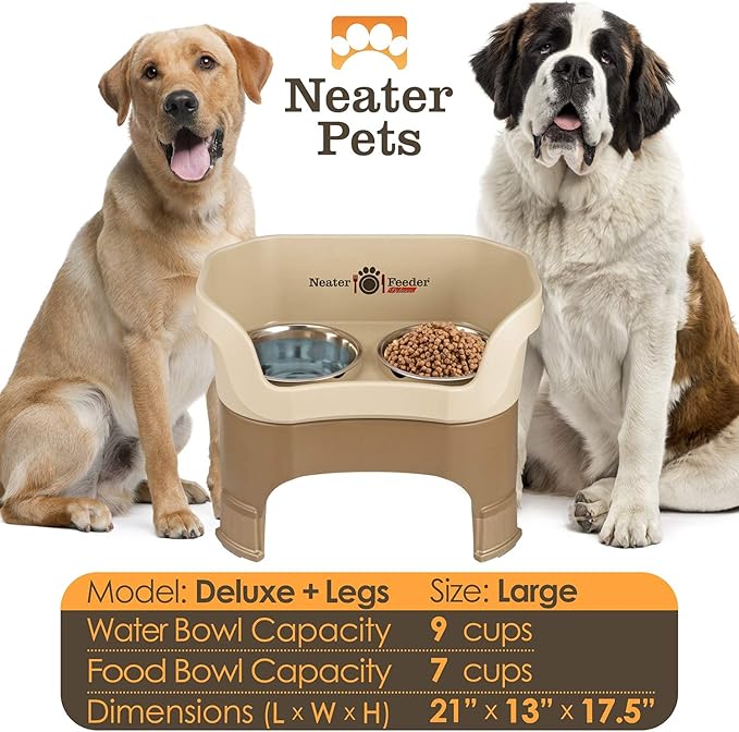 Neater Feeder Deluxe Mess Proof Dog Bowls Elevated for Large Dogs – Made in USA – No Spill Raised Dog Food Bowl Stand w/Leg Extensions – Stainless Steel Dog Food and Water Bowl Set – Cappuccino