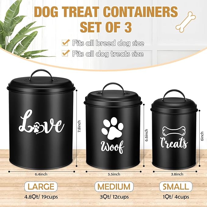 Dog Food Containers Set of 3 with Lids and Spoon Airtight Metal Dog Treat Snack Jars with DIY Labels Big Pet Cookie Storage Jar for Farmhouse Kitchen Counter(Black)
