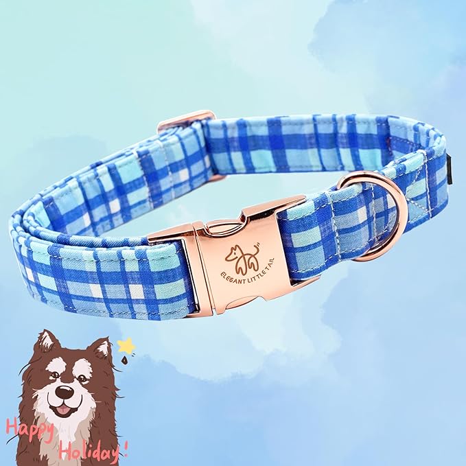 Elegant little tail Dog Collar, Blue Plaid Pattern Pet Collar Durable Cute Dog Collars Male or Female Pet Gift Adjustable Dog Collar for X-Small Dogs