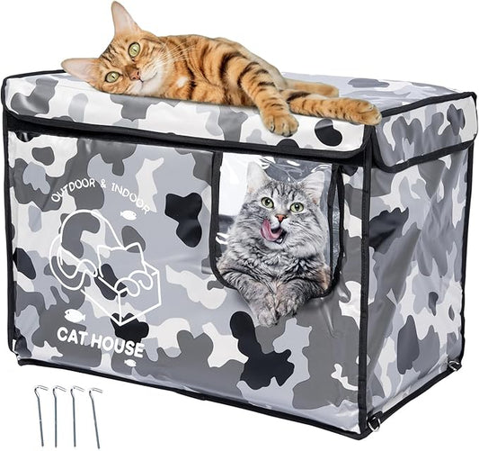 Indestructible Cat House Outdoor with Two-Sided Escape Door, Insulated and 100% Waterproof, Outside Weatherproof Feral Cat Shelter for Winter, Oxford Cloth Upgraded(Camouflage, L)