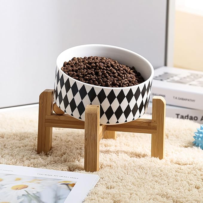 Petygooing Raised/Elevated 15°Slanted Ceramic Dog Bowl for Small Breeds,Tilted Anti Slip Pet Bowl,Food Water Dish with Stand for Cats and Small Dogs Puppy 13.5 OZ (5.1In / 1.7 Cups) Black Rhombus
